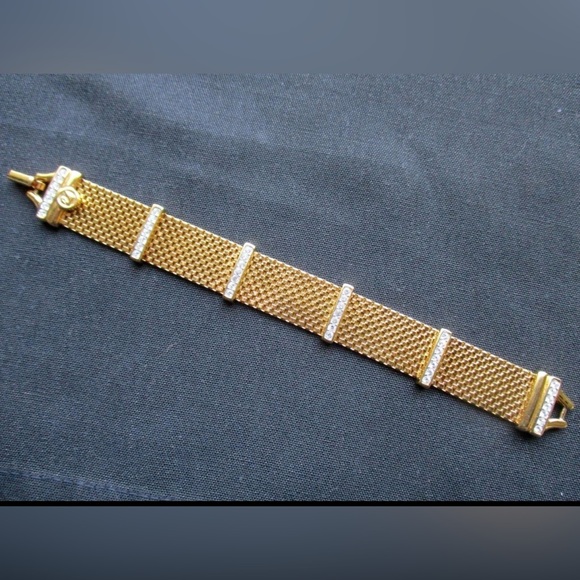 Swarovski gold metal mesh bracelet, white pave crystals, 7"L, Swan Mark - Picture 2 of 10